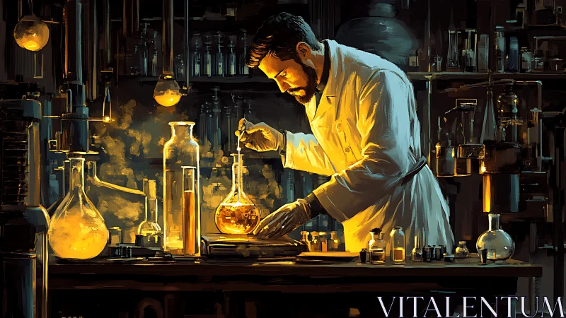 Laboratory chemist manipulates glowing reagents under warm light