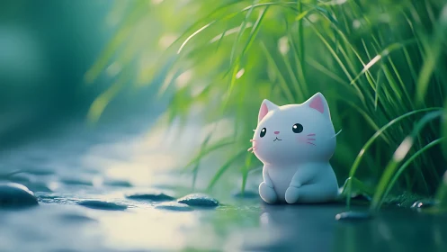 Cute Cat Character in Serene Riverside Garden.
