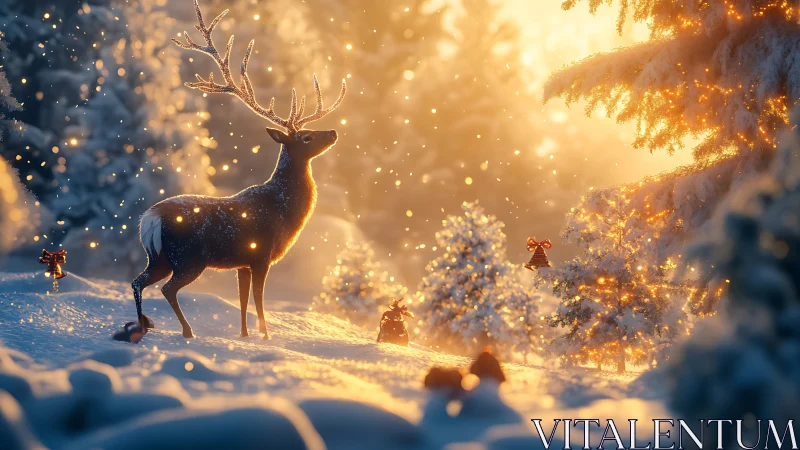 Majestic winter reindeer under golden holiday bokeh glow.