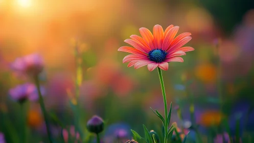 Red Gerbera Flower in Field with Blurred Background Bokeh