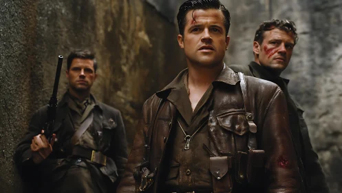 Three uniformed men stand in narrow alley in wartime gear