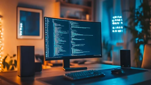 Ultra-wide monitor displays code in a cozy modern workspace.