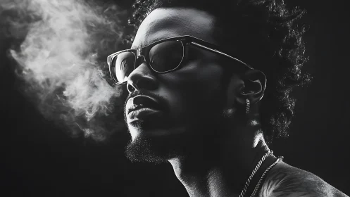 Monochrome side portrait of man with sunglasses and smoke.