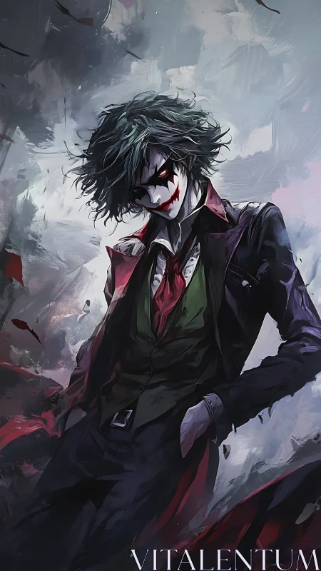 Male figure in chaotic suit stands in stormy painted scene