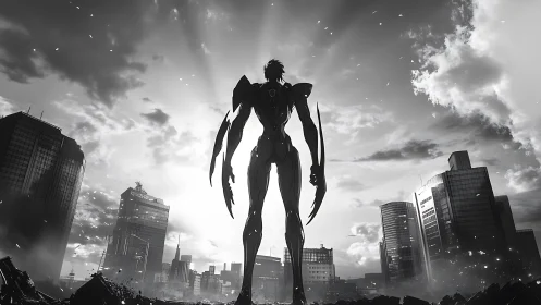 Colossal mecha sentinel rises over a storm-torn cityscape.