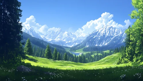 Snow-covered mountain range above forested valley basin.