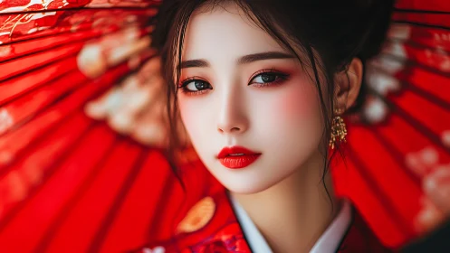 Elegant geisha portrait framed by vivid red umbrella