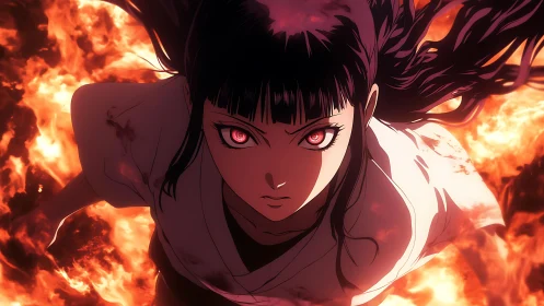 Fierce anime heroine charges forward through roaring flames
