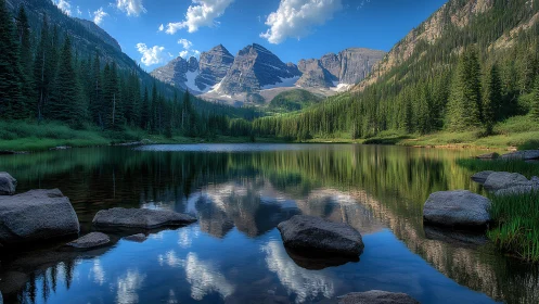 Tranquil mountain lake cradles evergreen forest and soft clouds