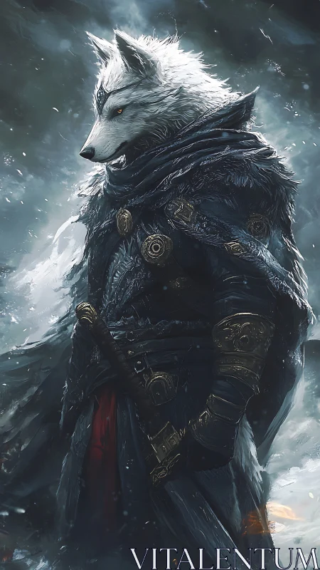 Armored white wolf warrior in blizzard, fur cloak and sword
