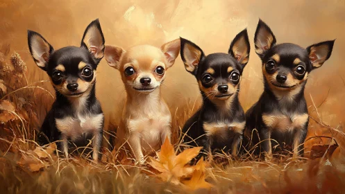 Four chihuahua puppies in autumn foliage, warm bokeh background
