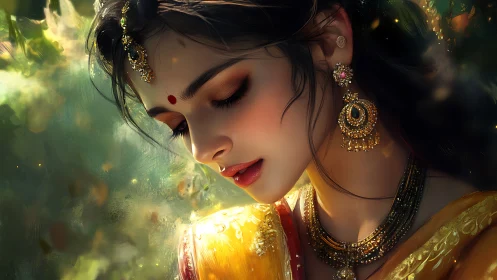 Graceful woman in traditional jewelry bathed in soft light.