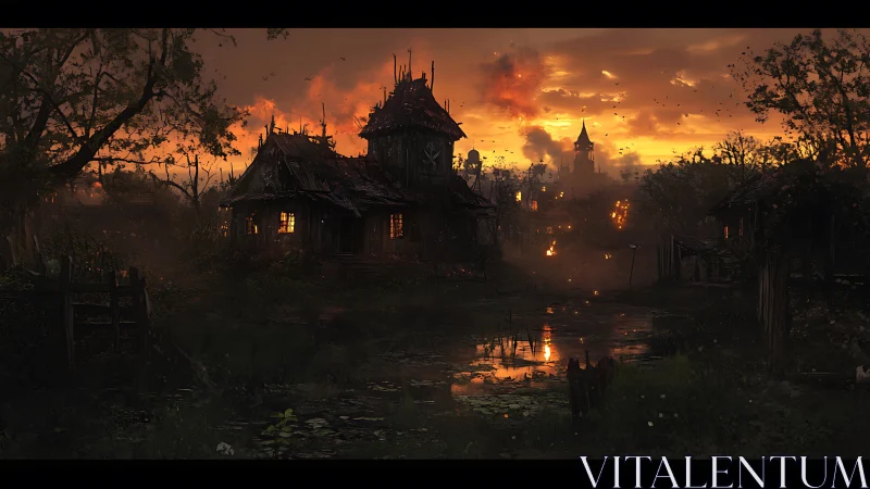 Burning medieval village under ominous twilight sky.