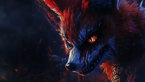Digital painting of demonic fox head with infernal lighting.