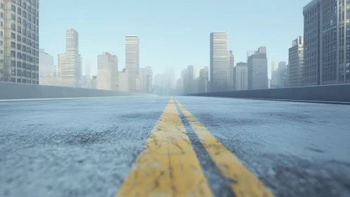 Elevated urban roadway with central yellow lane markings.