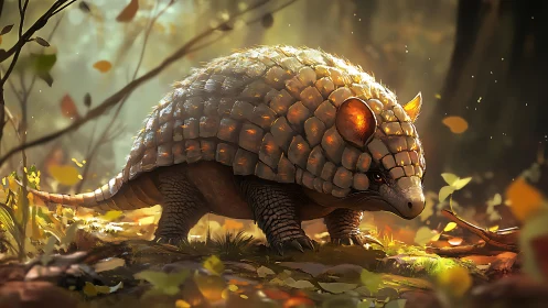 Gentle armored forest creature strolls through glowing leaves