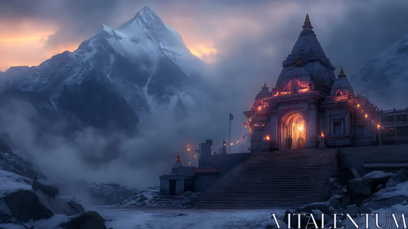 Mountain temple illuminated by dusk fires in drifting mist.