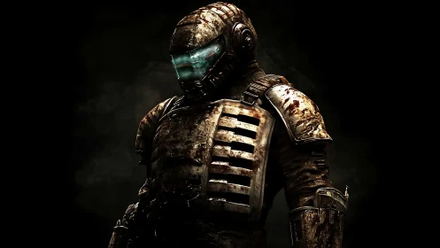 Armored figure stands in dim light wearing stained exosuit