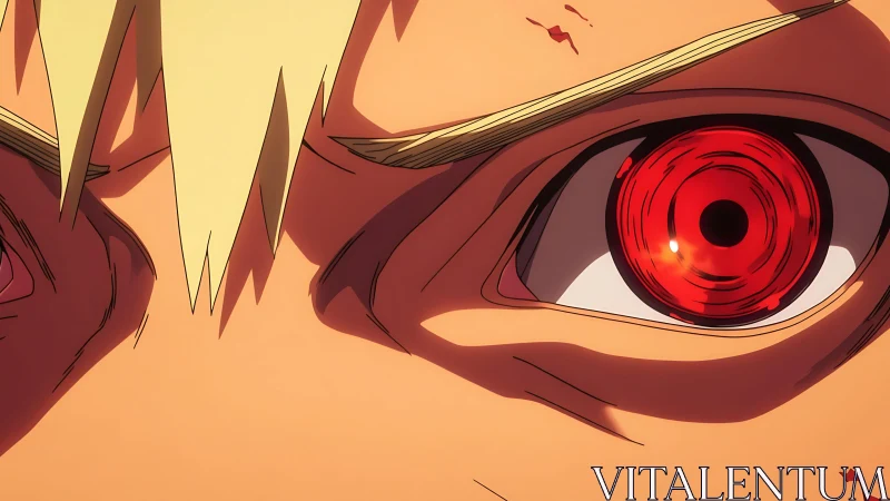 Intense anime gaze with glowing red cybernetic eye focus.