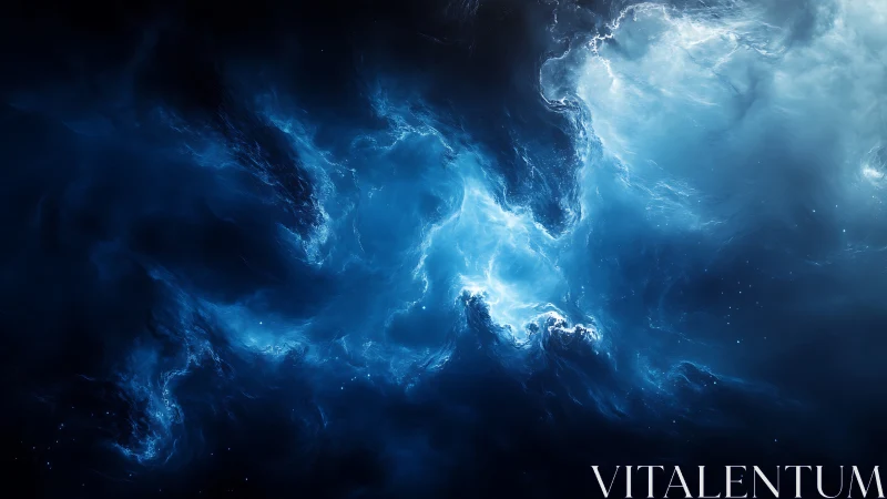 Luminous blue nebula swirls through deep cosmic darkness.
