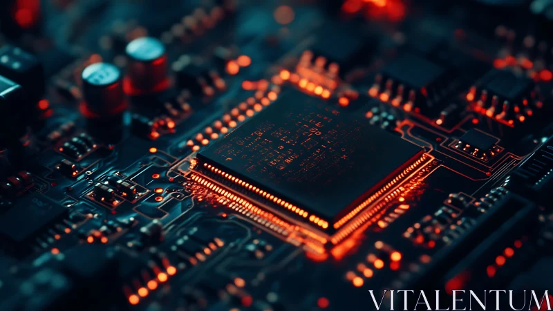 Microchip core glows amid dense circuitry and neon traces.