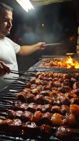 Man grilling meat skewers over open flame at night.