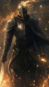 Blazing armored knight strides through swirling embers