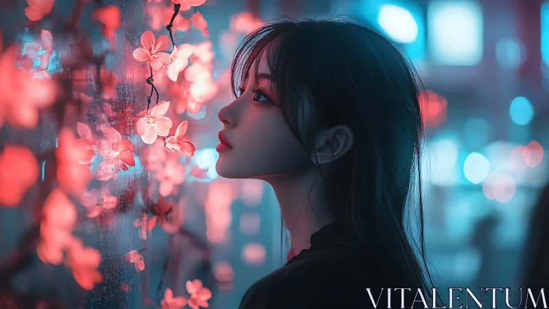 Side profile girl studies neon blossoms in soft bokeh glow