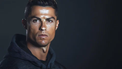 Male athlete portrait in dark hoodie against plain background