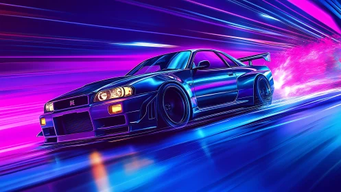 Neon blue sports car races through vibrant cyber tunnel