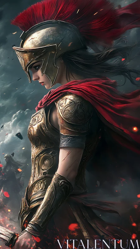 Armored warrior profile displays ornate bronze plating and dynamic cape