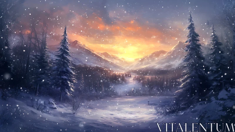 Snow-covered alpine valley under radiant orange winter sunset