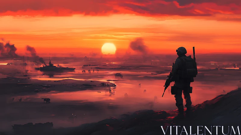 Soldier overlooks burning harbor under blood-red sunset.