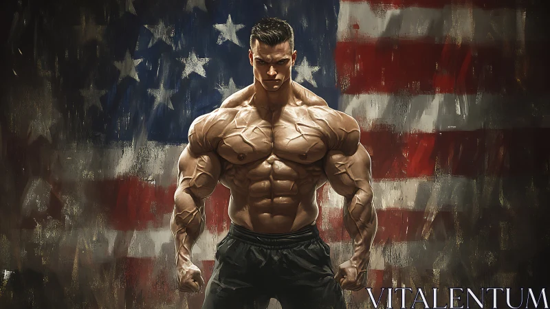 Hyperdefined muscular physique before abstract U.S. flag backdrop.