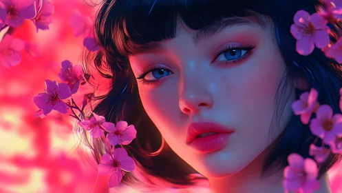 Digital portrait of blue eyed woman framed by pink blossoms