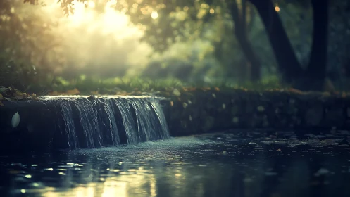 Serene Forest Stream Waterfall at Sunrise in Soft Focus Style.