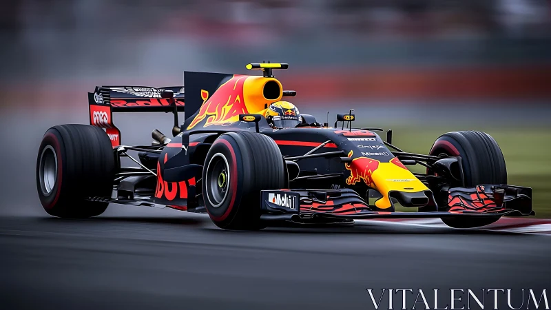 Formula race car on track with Red Bull livery in motion.