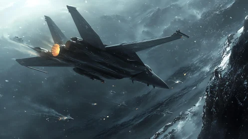 Fighter aircraft over icy mountains in low altitude descent.