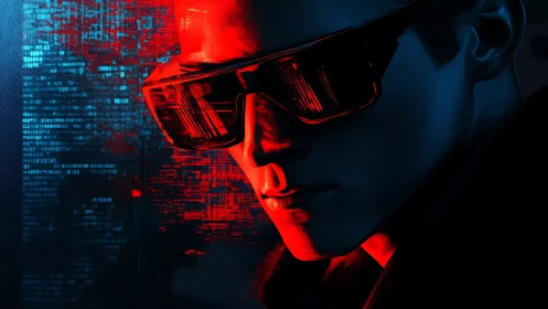 Neon visor renegade scanning a glitching data skyline.