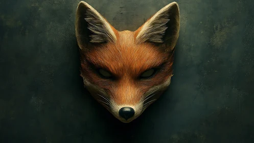 Fox mask on midnight wall, carved glare of quiet mischief.