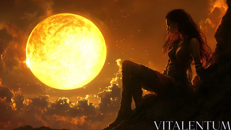 Fiery sun hangs over lone warrior in molten twilight.