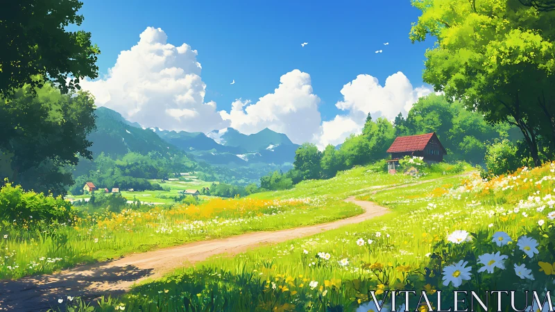 Sunlit alpine meadow path with distant mountains and cottage