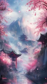 Mountain valley with pagodas and dense cherry blossoms view.