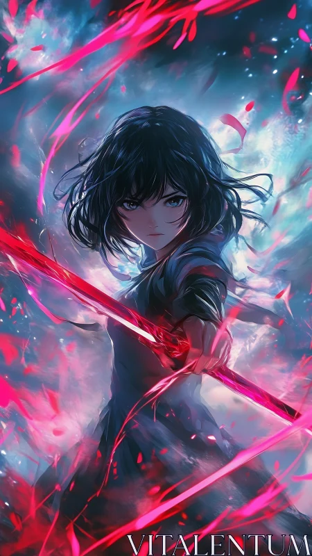 Anime swordswoman wields glowing red blade in storm.