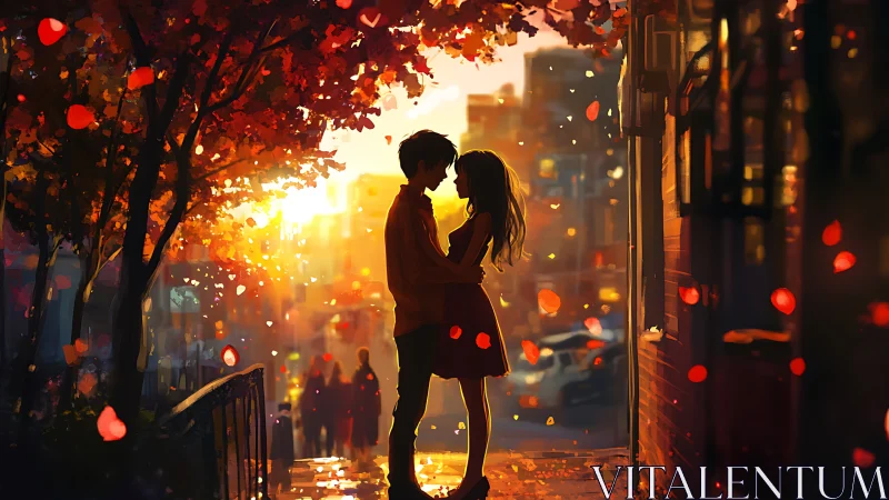 Sunlit lovers share a tender embrace on a glowing autumn street