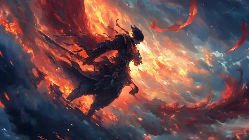 Storm-edge warrior striding through molten twilight sky.