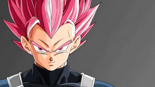 Pink haired anime warrior portrait on gray background.