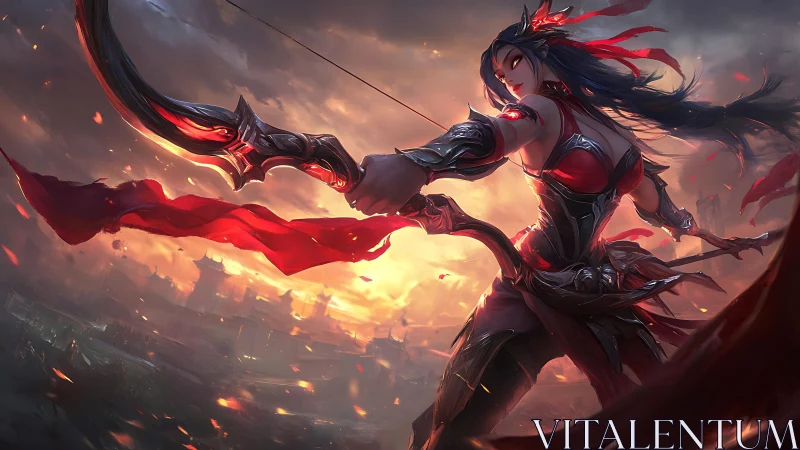 Armored archer drawing ornate bow against burning skyline