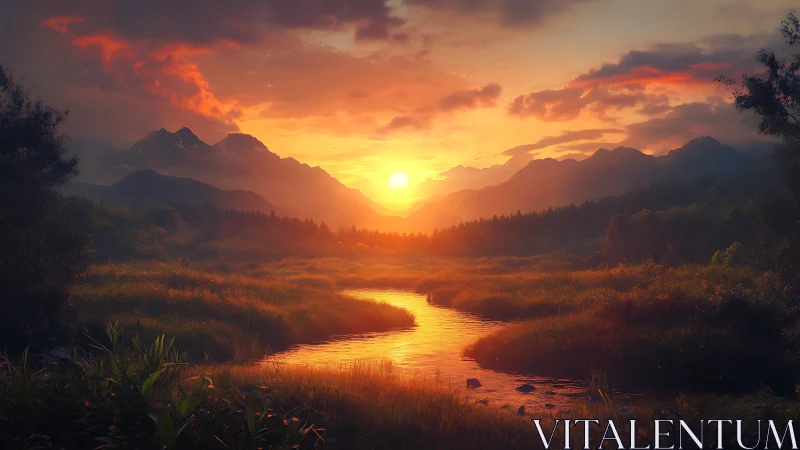 Luminous mountain valley sunset over reflective winding river.