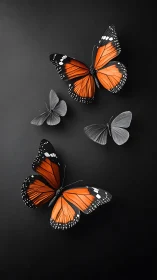 Monarch embers drift above grayscale wings on black hush.